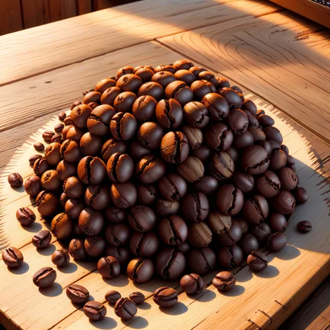 small pile of coffee beans on a rustic wooden table, soft, warm light. capture a close-up, beans, textures, ultra realistic