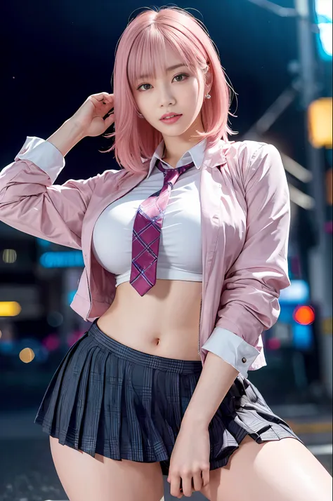 there is a woman with pink hair and a tie posing for a picture, anime girl in real life, anime girl cosplay, a hyperrealistic sc...