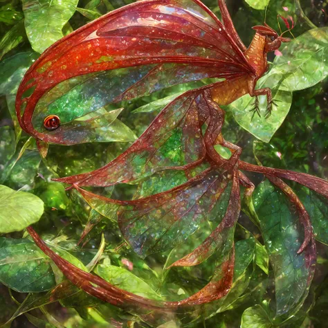 a large creature with transparent long hair. Narrow snout for drinking nectar from flowers, curled prehensile tail like a chameleon, leaves and shields on the sides, hiding in the leaves in a lush forest, red buterfly transparent wings, (highly detailed:1....