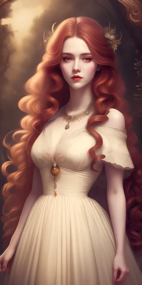 a woman with long curly hair wearing a dress and necklace, beautiful fantasy art portrait, beautiful maiden, hyperrealistic fantasy art, beautiful fantasy portrait, fantasy victorian art, beautiful fantasy maiden, fantasy art portrait, beautiful fantasy ar...