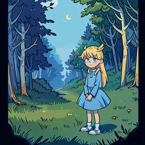 (a 12-year-old blonde girl in an unknown magical forest wearing a blue dress)