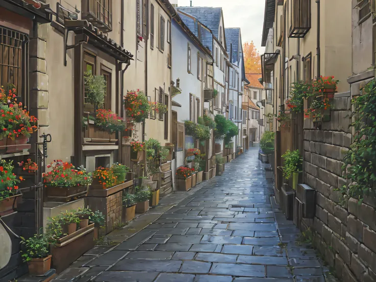 ((masterpiece)), (8k, high_resolution),(best quality), old town, narrow street, european houses, cloudy, autumn, kyoani haruhi s...