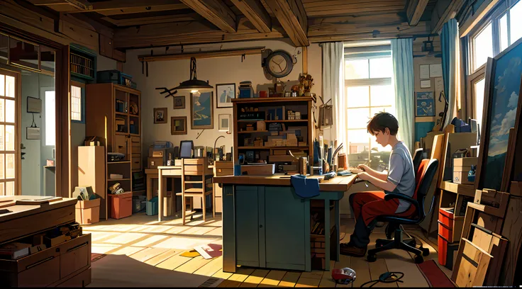 masterpiece, top quality, best quality, official art, beautiful and aesthetic, animation, A busy scene of a small, mechanical town with a boy sitting in his room, surrounded by small machines and tools, fixing something, curiosity and love for invention.