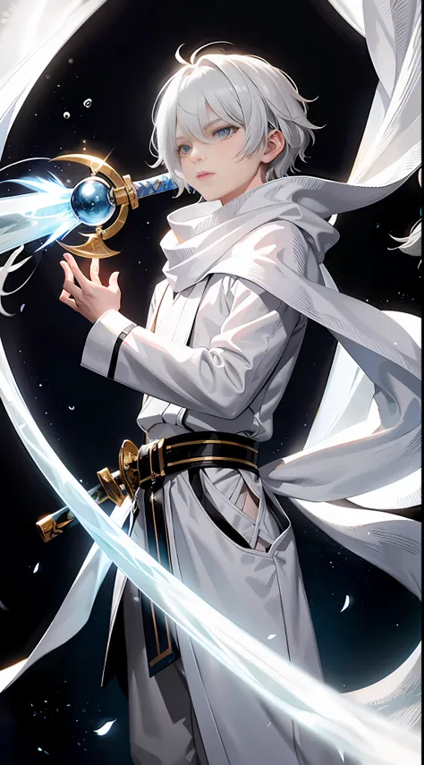 a 13-year-old boy with white hair and silver eyes, known for having great combat skills with ice magic. he wears white clothes l...