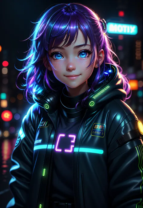 masterpiece, best quality, half body, portrait, night city, 1girl, anime, 3d, japan, pixar, realistic, teen girl, smiling, cute ...