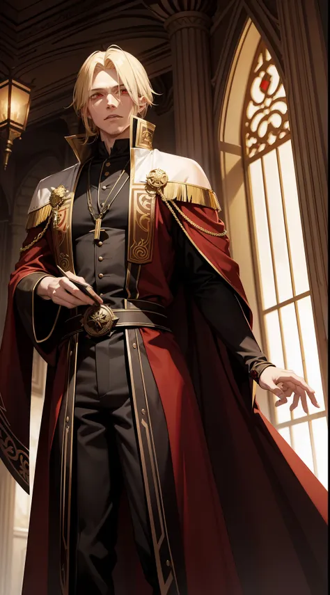 a 29-year-old man, a vampire king with blonde hair and red eyes, he wears a brown robe