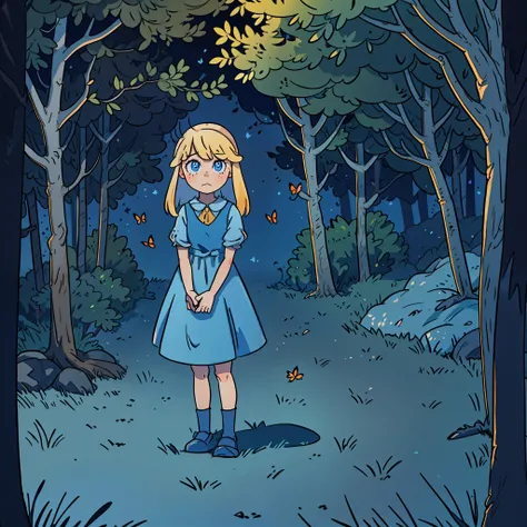 (a 12-year-old blonde girl in an unknown magical forest wearing a blue dress) (perfect eyes) (perfect anatomy) (animals over the forest) (rabbit) (squirrels) (butterflies)