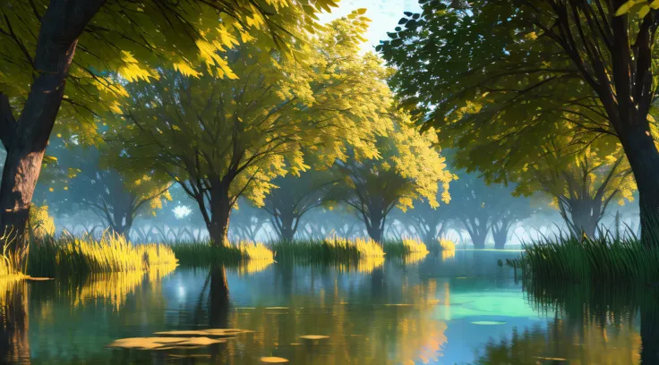 (Best quality),(masterpiece),(ultra detailed),(high detailed),(extremely detailed),black gold neon-washed trees, humid lot, pale leaves and grass, water surface, cinematic shot, unreal engine render, ray-traced shadows, rule of thirds, atmospheric, line ar...