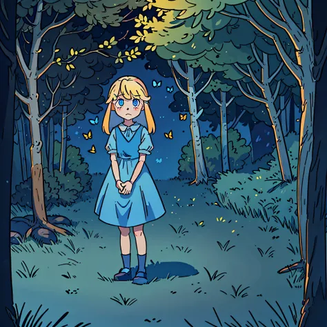 (a 12-year-old blonde girl in an unknown magical forest wearing a blue dress) (perfect eyes) (perfect anatomy) (animals over the forest) (rabbit) (squirrels) (butterflies) (perfect hands) (rabbits around the forest, squirrels on trees, and an owl watching ...