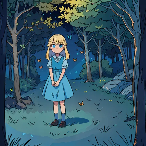 (a 12-year-old blonde girl in an unknown magical forest wearing a blue dress) (perfect eyes) (perfect anatomy) (animals over the...