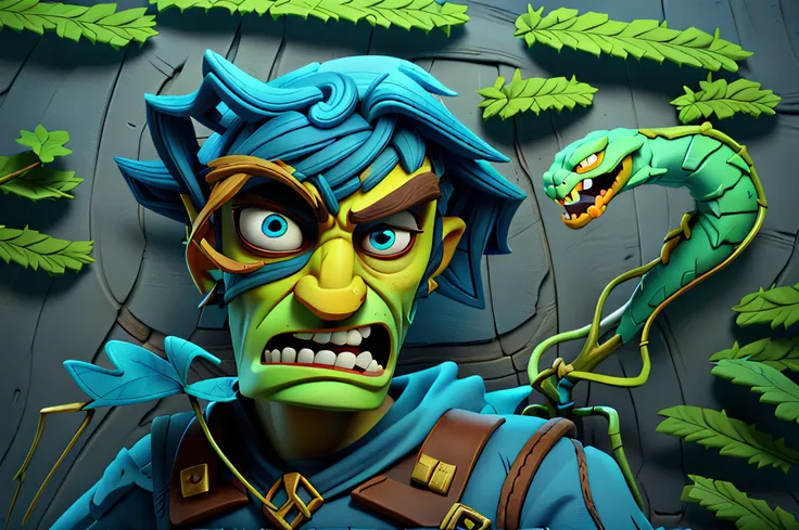 Cartoon of a man with a snake on his shoulder, horrified look in his eyes, he is with a swollen eye, 3d image, digital art, closeup character art, jacksepticeye, focused look, close-up!!!, closeup!!!!, closeup!!!, murdoc niccals, joshy sly-style art, shade...