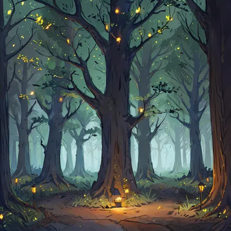 (a magical forest, at night, with many fireflies around, with large trees around) --auto --s2