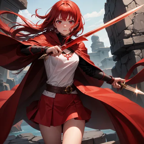 an 8-year-old girl, red hair and red eyes, is a formidable warrior with her two daggers, she wears a brown robe and clothes are ...