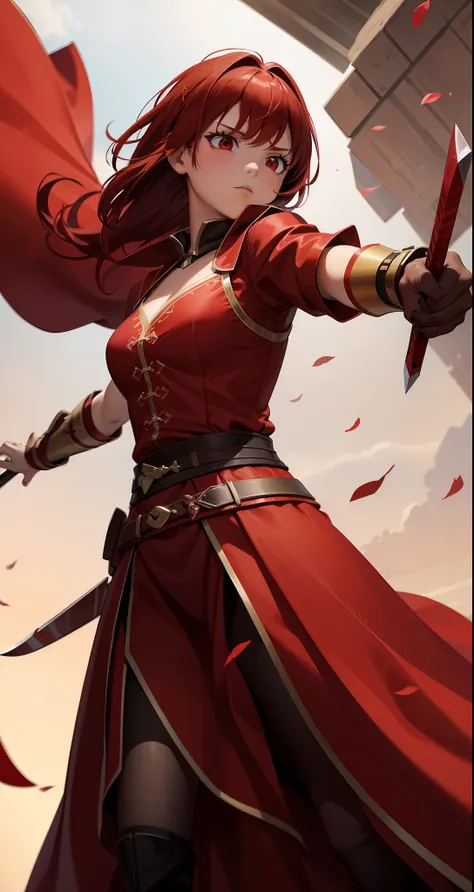 An 8-year-old girl, red hair and red eyes, is a formidable warrior with her two daggers, wears a brown robe and clothes are long and red red, she carries throwing knives and other daggers