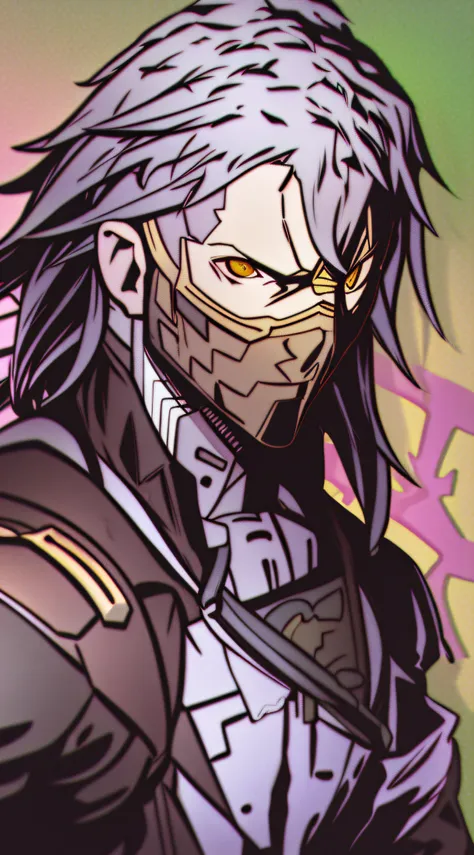 ((masterpiece, best quality)), 1boy, (mature male:1.4), 130mm f1.4 lens, 1boy, solo, pointy ears, black armor, from above, demon boy, saturated, colorful, multicolored hair, white hair, black hair, yellow eyes, holding a katana, black mask, by kuvshinov il...