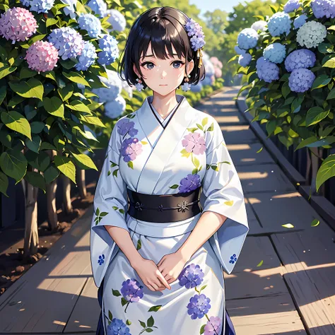 a beautiful girl who exudes a pure and neat atmosphere stands on a plain white background. she wears a yukata and has beautiful ...