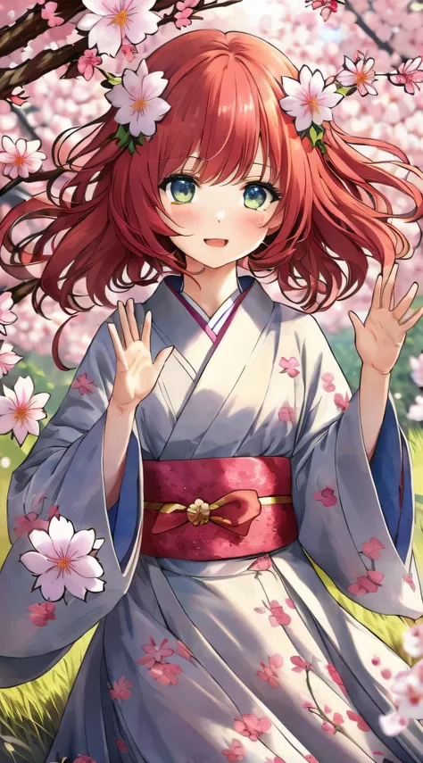 (Best quality),(masterpiece),(ultra detailed),(high detailed),(extremely detailed),kawaii redhead girl with anime hair on the ground waving a pink flower at camera, kawaii redhead girl with anime hair on the ground waving a pink flower, wearing a kimono, s...