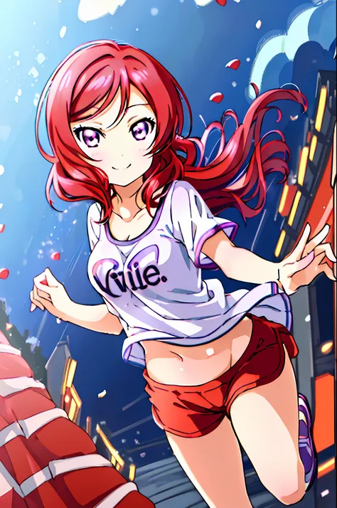 Nishikino maki, love live, (masterpiece:1.2), best quality, perfect anatomy, extremely detailed, cute girl, shiny skin, light smile, solo, lovely big eyes, cute eyes, (violet eyes:1.4), (red scarlet hair:1.4), sport top piece, sport shirt, sport shorts, sc...