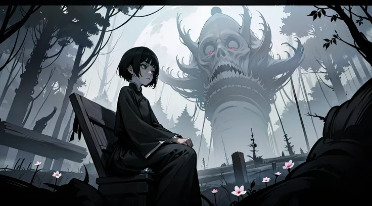 (ins style, block noise, opaque, grayscale, monochrome, flat color: 1.1), masterpiece, sitting by the coffin, dark green short hair, hollow eyes, Chinese style loose white tunic, barefoot, (block noise: 1.1) rest (outdoor, small flowers, wood, dead trees, ...