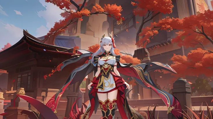 ((Best Quality)),((Masterpiece)). (Detail:1.4),3D Anime - style image of a woman in a red dress standing in front of a building, Ayaka game Genshin Impact, Ayaka Genshin Impact, Kitsune-inspired armor, Onmyoji, Keqing from Genshin Impact, blade and soul, s...