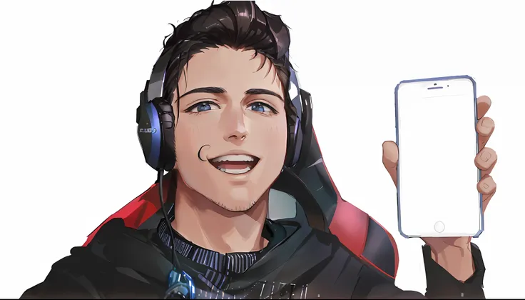 arafed man wearing headphones holding up a cell phone, twitch streamer / gamer ludwig, wearing a gaming headset, twitch streamer...