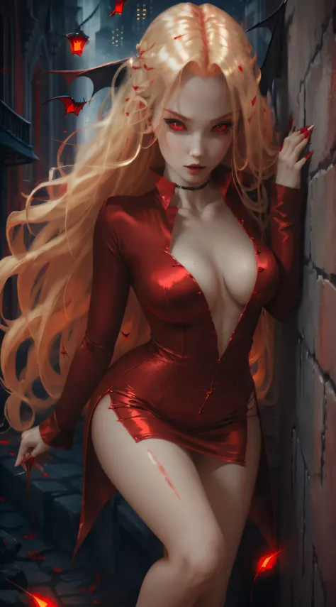 A sexy vampire in short red clothes, staring at the viewer, full body, flowing blonde hair, menacing gaze and gleaming vampire fangs, blood staining her pale face, big, sharp nails ready to pounce, in a dark alley of a city at night, with intensely mesmeri...