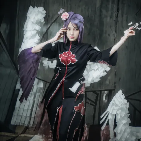 top quality, 8k, 32k, masterpiece, photo realistic, realistic, anime cosplay with purple wings and wig and black clothes, anime ...