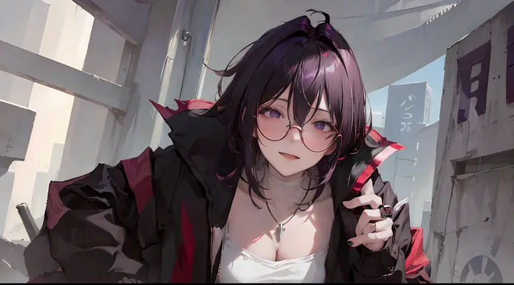 , vampire male, high quality,cyberpunk style, male,wearing round glasses, sci-fi, anime vampire boy, ((white purple black mixed ...