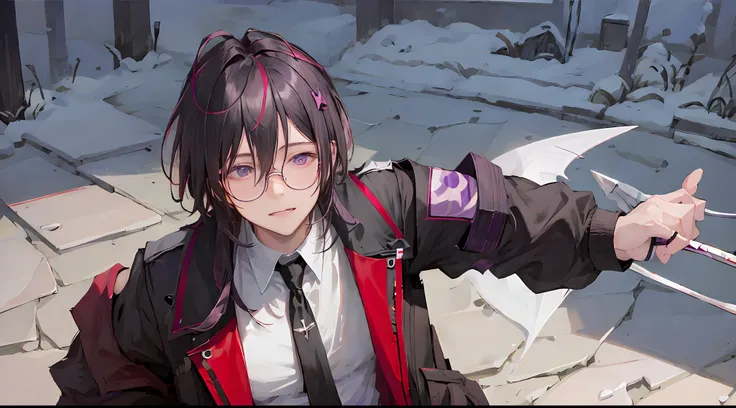 , vampire male, high quality,cyberpunk style, male,wearing round glasses, sci-fi, anime vampire boy, ((white purple black mixed ...