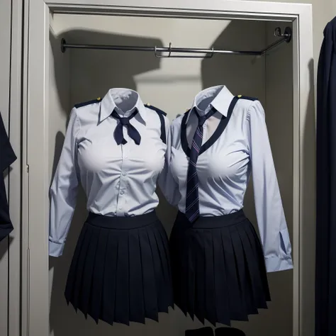 school uniforms in the closet raise their sleeves as if invisible girl wear them, school uniforms swells as if possessed by invi...