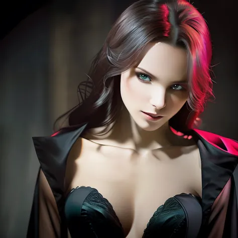 Description of the realistic photographic style to portray a seductive vampire. The image is captured in high resolution, with sharp detail and an almost palpable quality. The lighting is carefully adjusted to highlight the contours of the vampires face an...