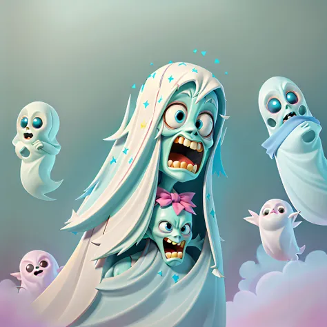 A closeup of a ghost on a colorful background with a pattern, floating ghost, cute funny ghost, fuzzy ghost, scary ghost halloween wallpaper, ghost under a sheet, ghostly, ghastly and transparent screaming ghost, ghostly shape, 2 d low polygon art, 3 d gho...