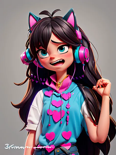 drawing of a girl with headphones and a little heart shirt, inspired by Puru, an anime drawing, cat ear headset, realistic 3d portrait, cute anime girl portrait