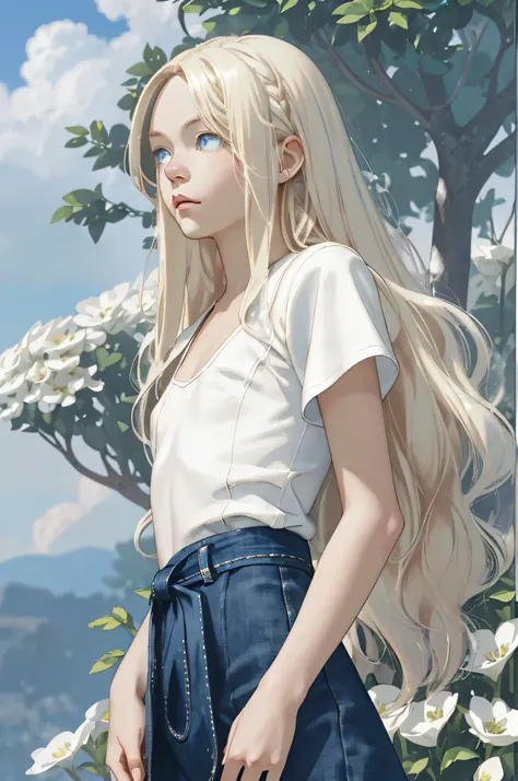 (Masterpiece, best quality), ultra high resolution, depth of field, 1 pretty anime girl, 12 years old, finely detailed, high details, high quality shadow, beautifully detailed, (bokeh: 1.5), solo, flower, outdoor, day, sky, cloud, sunlight, white shirt wit...