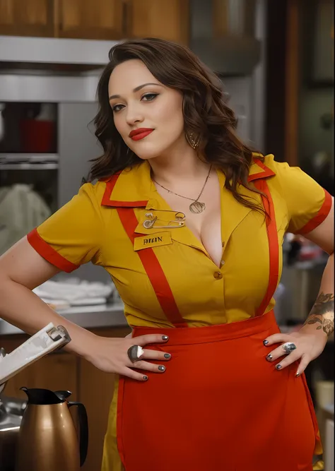 kat dennings in a yellow and red dress standing in a kitchen, kat dennings, buxom babe kat dennings, promo still, big-bossom:1.8...