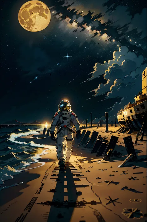 an art with an astronaut in intricate space suit walking on the beach and 1 yellow full moon visible behind, night sky with few ...