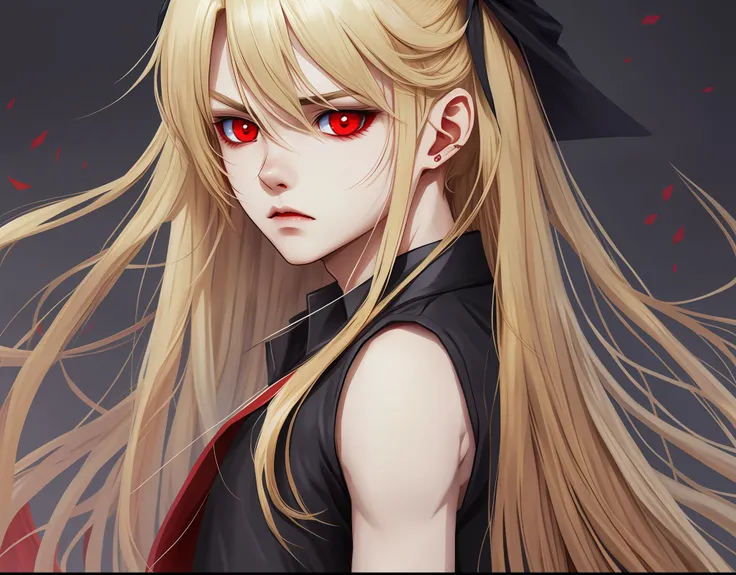 anime style, vampire girl, blonde, with red eyes, small, on the back of a brown boy with long hair, wearing black clothes, the boys eyes have heterochromia, one being yellow and the other red --auto --s2