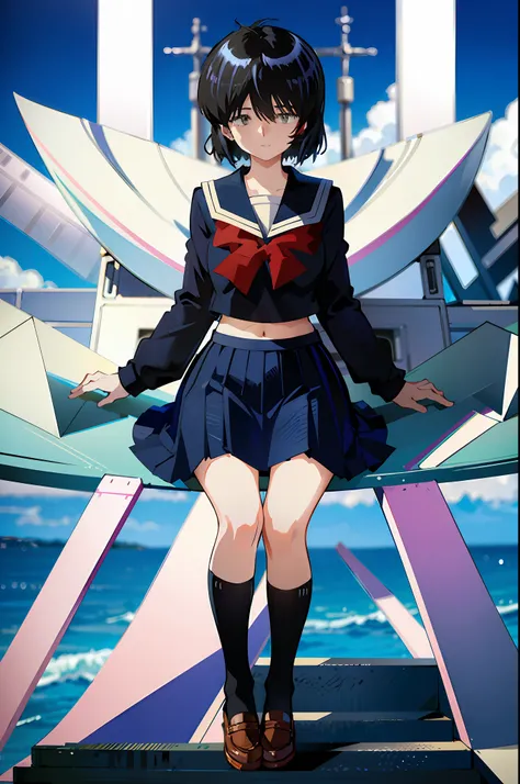 Mikoto urabe, 1girl, school uniform, skirt, solo, short hair, dark. green eyes, serafuku, black hair, sailor collar, shirt, long sleeves, blurry, looking at viewer, bow, blurry background, white shirt, stairs, pleated skirt, black skirt, smile, red bow, ha...