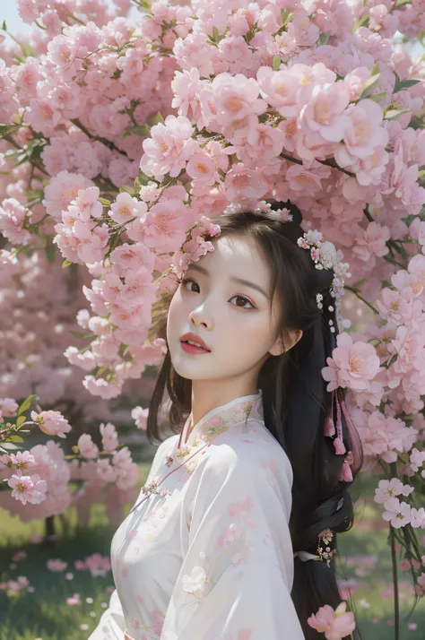 arafed woman in a white dress standing in a field of pink flowers, palace , a girl in hanfu, chinese girl, by Leng Mei, white hanfu, girl in flowers, cheongsam, chinese style, in pink forest, 中 元 节, chinese woman, with flowers, with acient chinese clothes,...