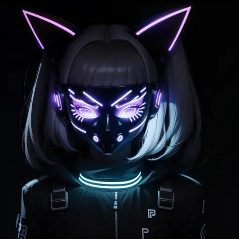 character for pfp logo of a girl wearing a cybernetic led mask that covers her face, the leds on the mask form a cat