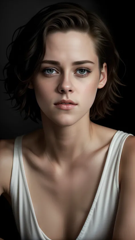 Kristen Stewart, (short curls hair like boy), atmospheric lights, god rays, perfect female face, ultradetailed, with black stripes, detailed skin, ultra realistic, bokeh, sharp features, best quality, ultra high res, detailed face, realistic face, full bod...