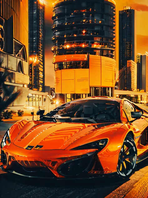 sports car, mclaren type, close, orange color at high speed, urban center, grandiose buildings, cinema lighting. photographic re...