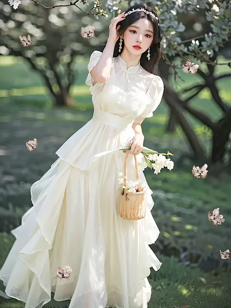 a woman in a white dress holding a basket of flowers, wearing a white flowing dress, romantic dress, wearing stunning ivory dres...