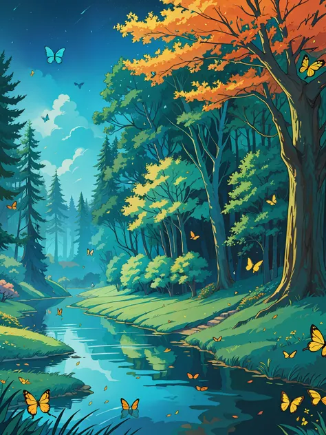Fairytale Magic Forest, fantasy illustration, with a river in the middle, full of butterflies, and squirrels, with several birds in the sky, tall trees that touch the sky, with bright colored leaves