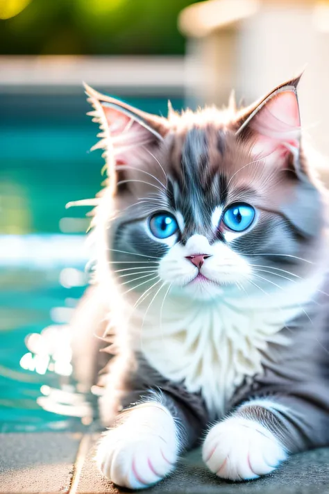 cute ragdoll cat kitten,smile,swimming in the pool,body is wet,eyes closed,eos r3 28mm