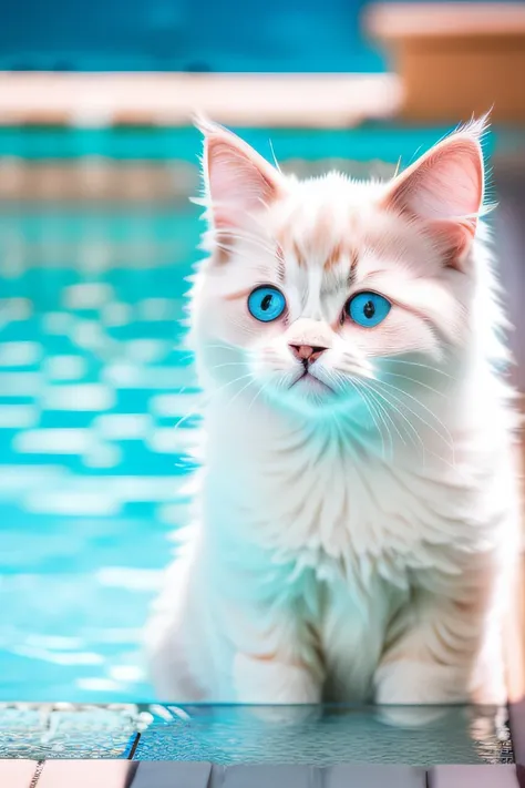 cute ragdoll cat kitten,smile,swimming in the pool,body is wet,eyes closed,eos r3 28mm