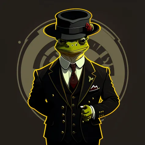 a frog in peaky blinder style, suit, drawing, vectorized, logo, minimalist, cartoon,(high quality))((artwork)) dark background -...