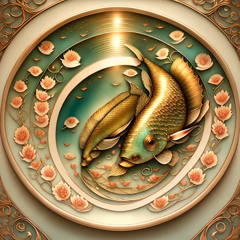 two beautiful carps swimming in the water, meet, intricate details, breathtaking renderings, in a radiant connection, inspired b...