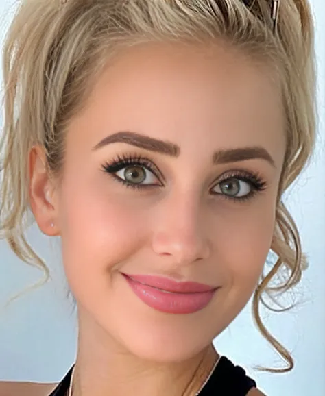 a close up of a woman with a black top and a necklace, blonde hair and large eyes, long blonde hair and large eyes, lindsay adle...