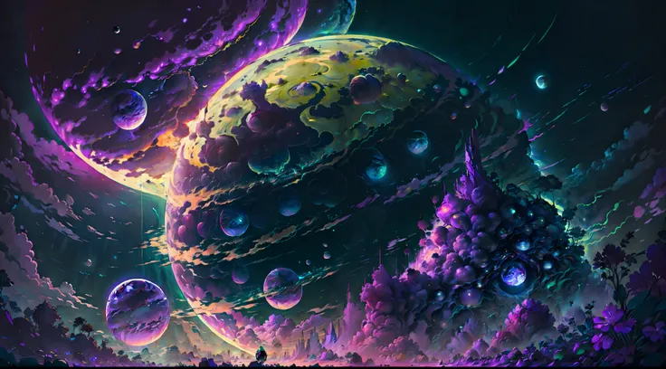 green planets in a solar system from a purple sun, mists and cosmic dust, movie lus, artwork, painting.